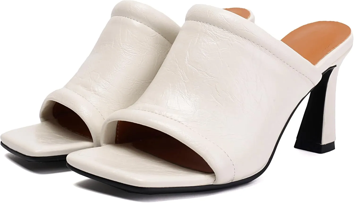 BEAUPAS Women's Square Toe Mule Sandals Block Heel Slip On High Heels