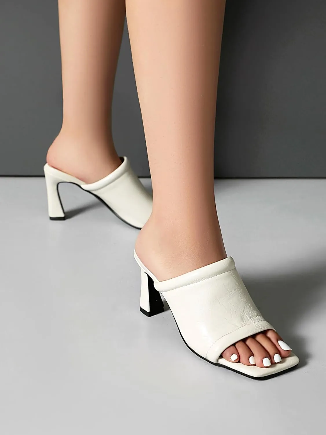 BEAUPAS Women's Square Toe Mule Sandals Block Heel Slip On High Heels