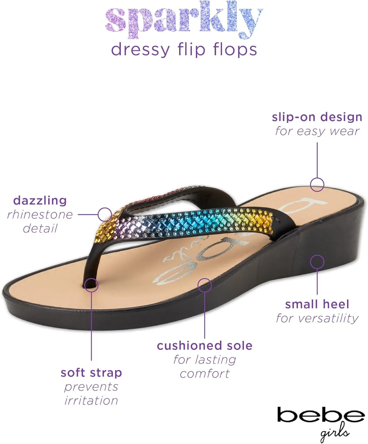 bebe Girls' Sandals - Open Toe Slip On Summer Holiday Rhinestone Thong Flip Flops with Soft Strap and Cushioned Sole