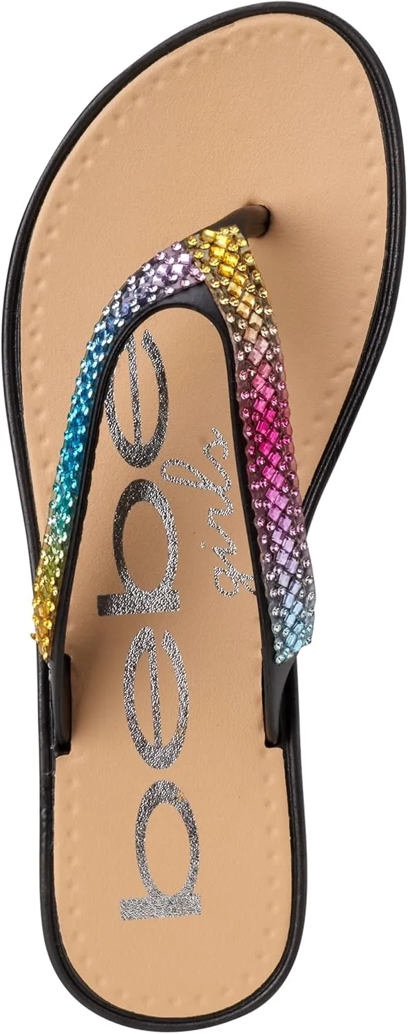 bebe Girls' Sandals - Open Toe Slip On Summer Holiday Rhinestone Thong Flip Flops with Soft Strap and Cushioned Sole