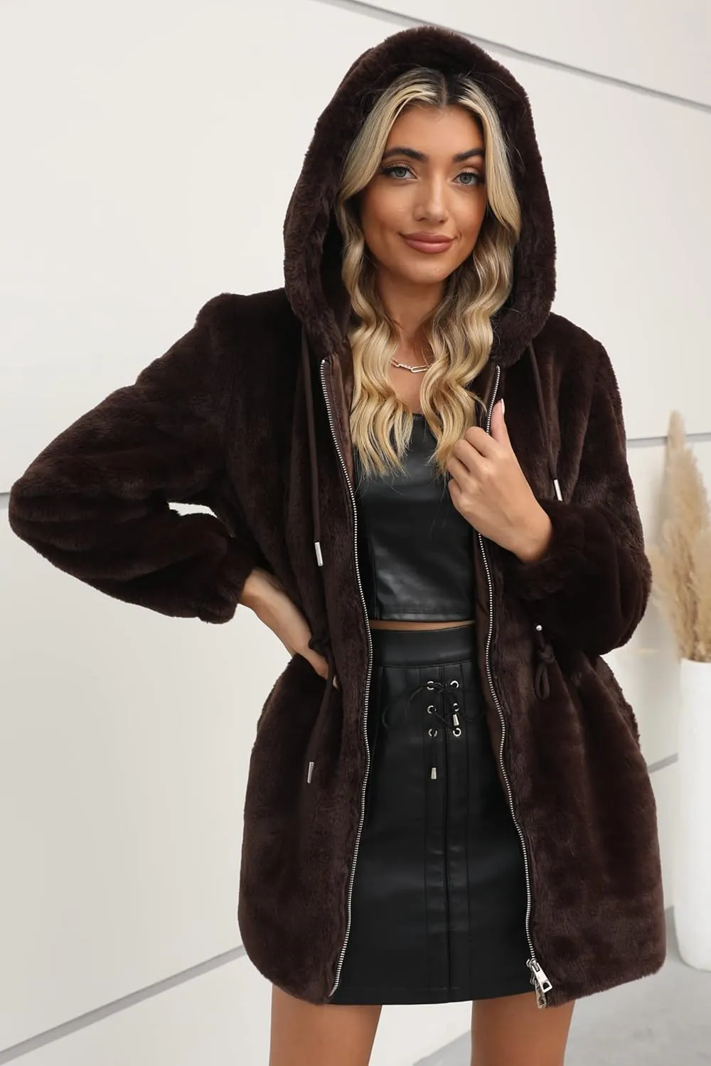 Bellivera Womens Leopard Print Fleece Coat, Spring and Winter Fashion Fuzzy Jacket Faux Fur Fluffy Cardigan Overcoat