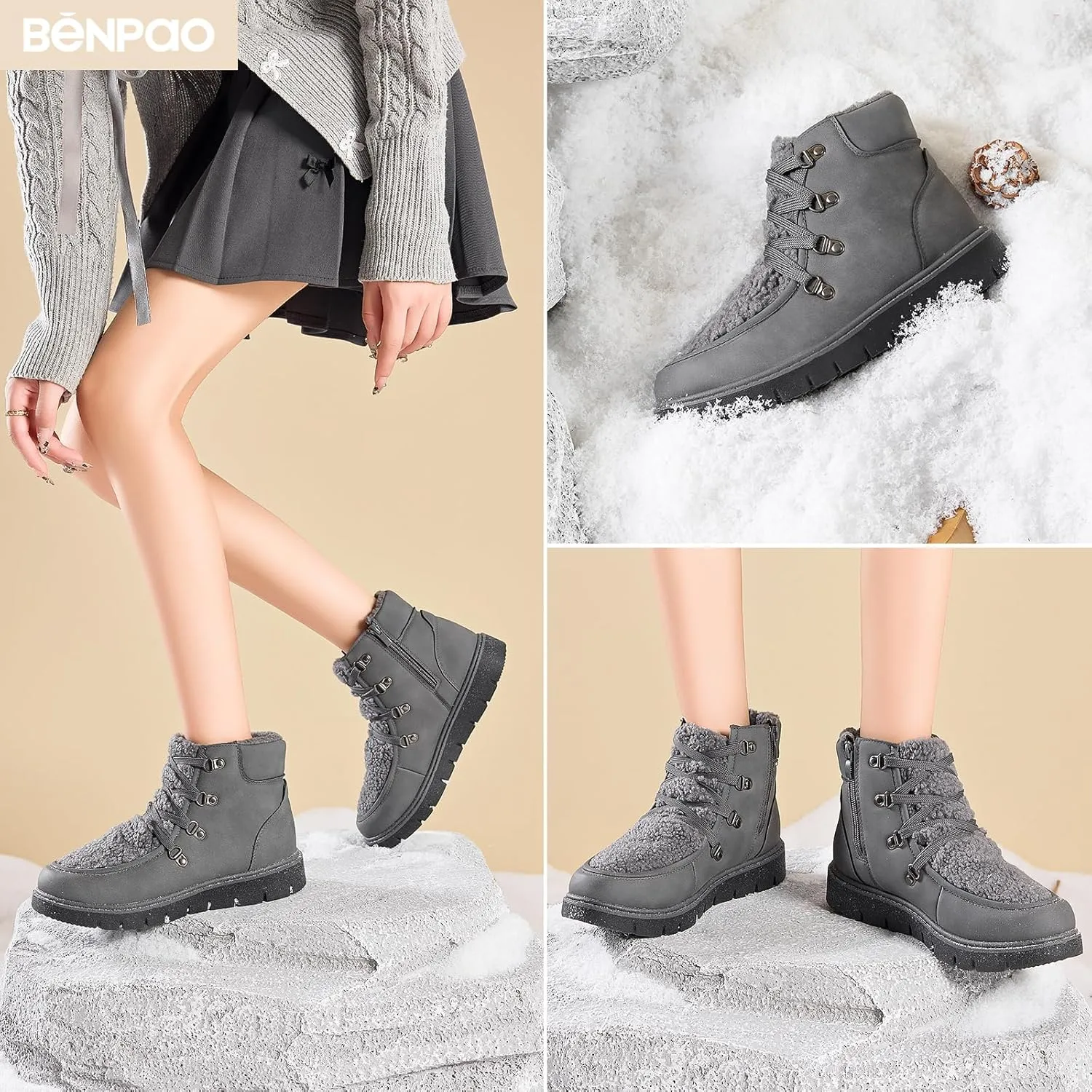 BENPAO Women's Mini Short Boots Fuzzy Snow Boots for Women PU Leather Winter Boots Waterproof Ankle booties Warm Fur Boots with Zipper