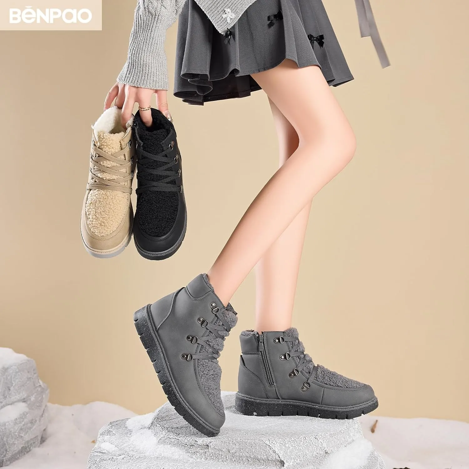 BENPAO Women's Mini Short Boots Fuzzy Snow Boots for Women PU Leather Winter Boots Waterproof Ankle booties Warm Fur Boots with Zipper