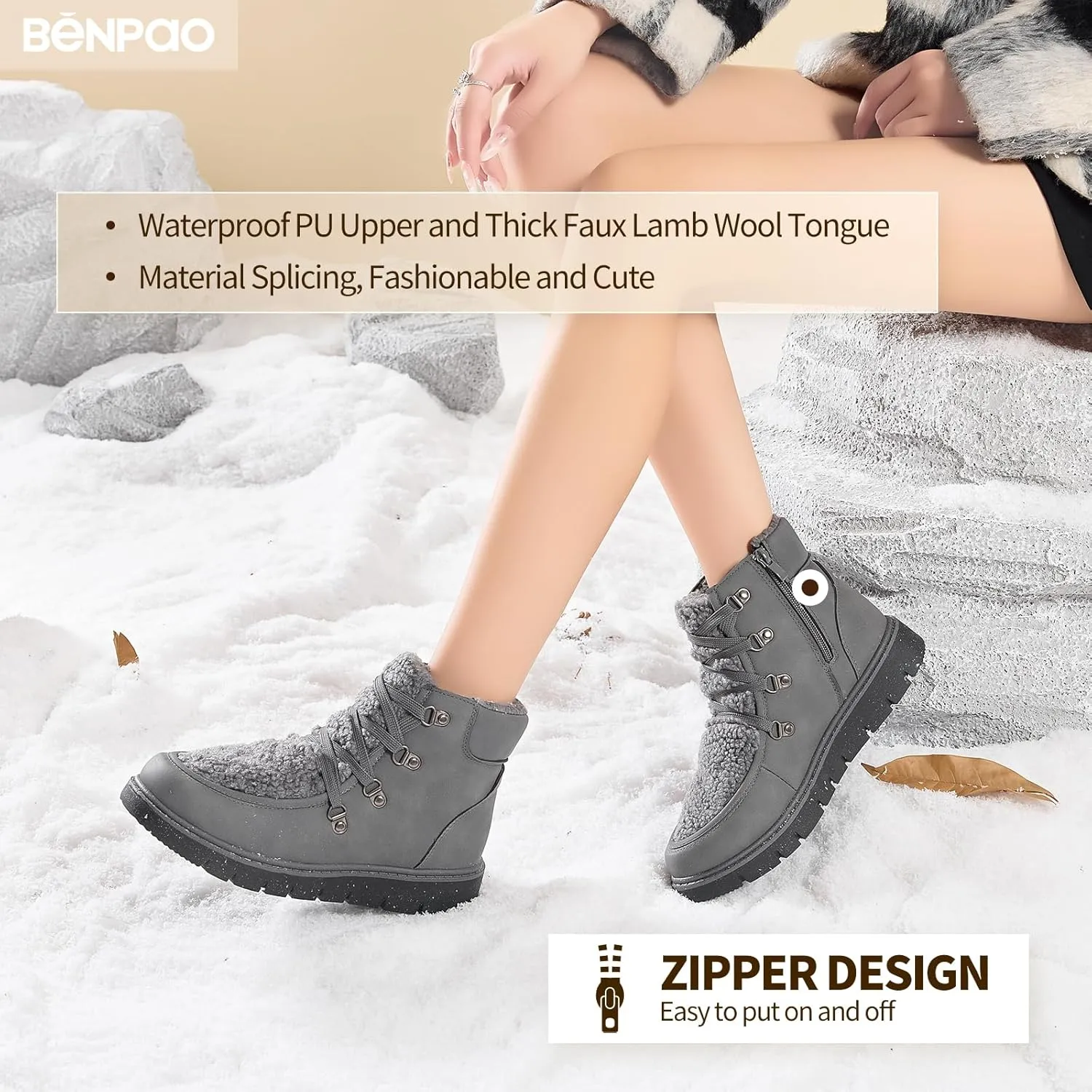 BENPAO Women's Mini Short Boots Fuzzy Snow Boots for Women PU Leather Winter Boots Waterproof Ankle booties Warm Fur Boots with Zipper