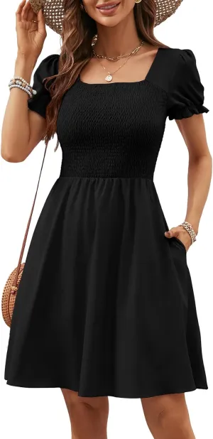 Berydress Women's Summer Dresses 2025 Pockets Short Sleeve Square Neck Flowy A Line Casual Boho Smocked Mini Sun Dress