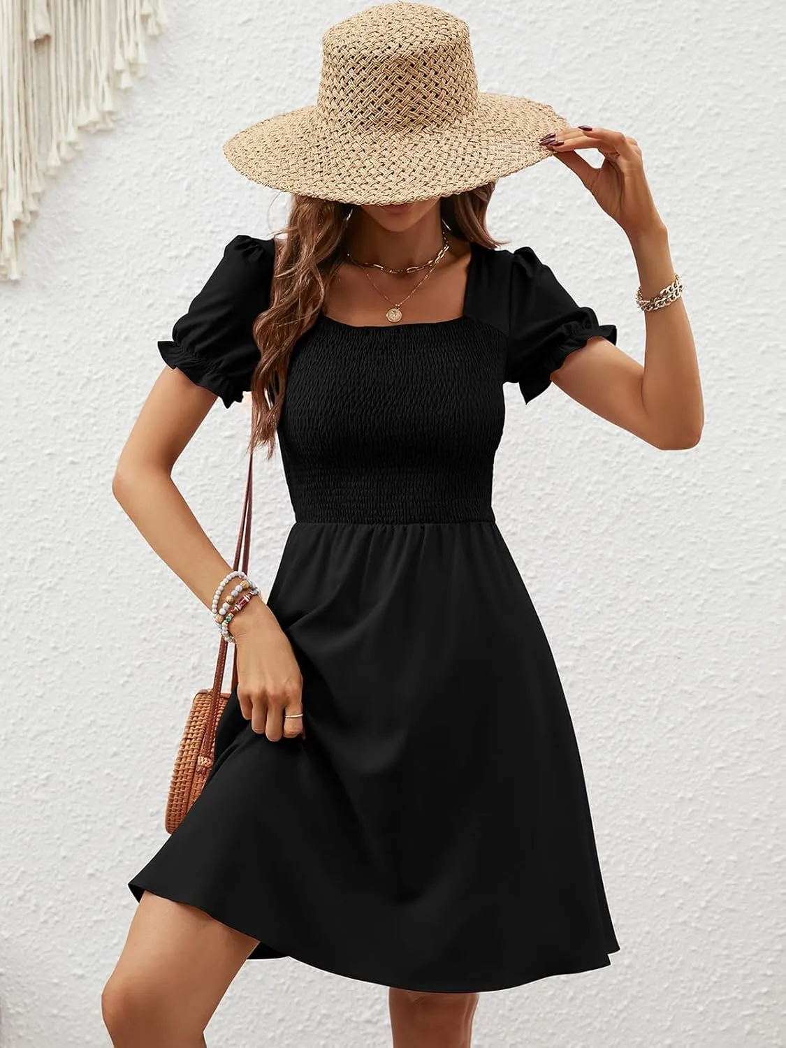 Berydress Women's Summer Dresses 2025 Pockets Short Sleeve Square Neck Flowy A Line Casual Boho Smocked Mini Sun Dress