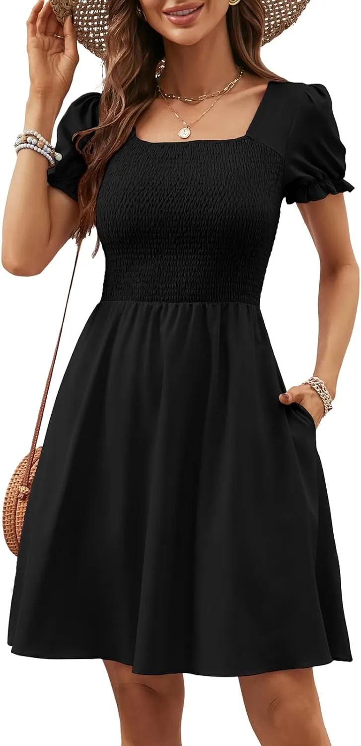 Berydress Women's Summer Dresses 2025 Pockets Short Sleeve Square Neck Flowy A Line Casual Boho Smocked Mini Sun Dress