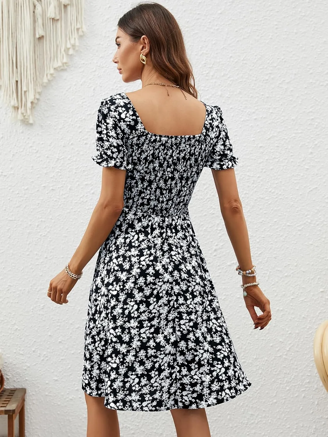 Berydress Women's Summer Dresses 2025 Pockets Short Sleeve Square Neck Flowy A Line Casual Boho Smocked Mini Sun Dress
