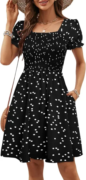 Berydress Women's Summer Dresses 2025 Pockets Short Sleeve Square Neck Flowy A Line Casual Boho Smocked Mini Sun Dress