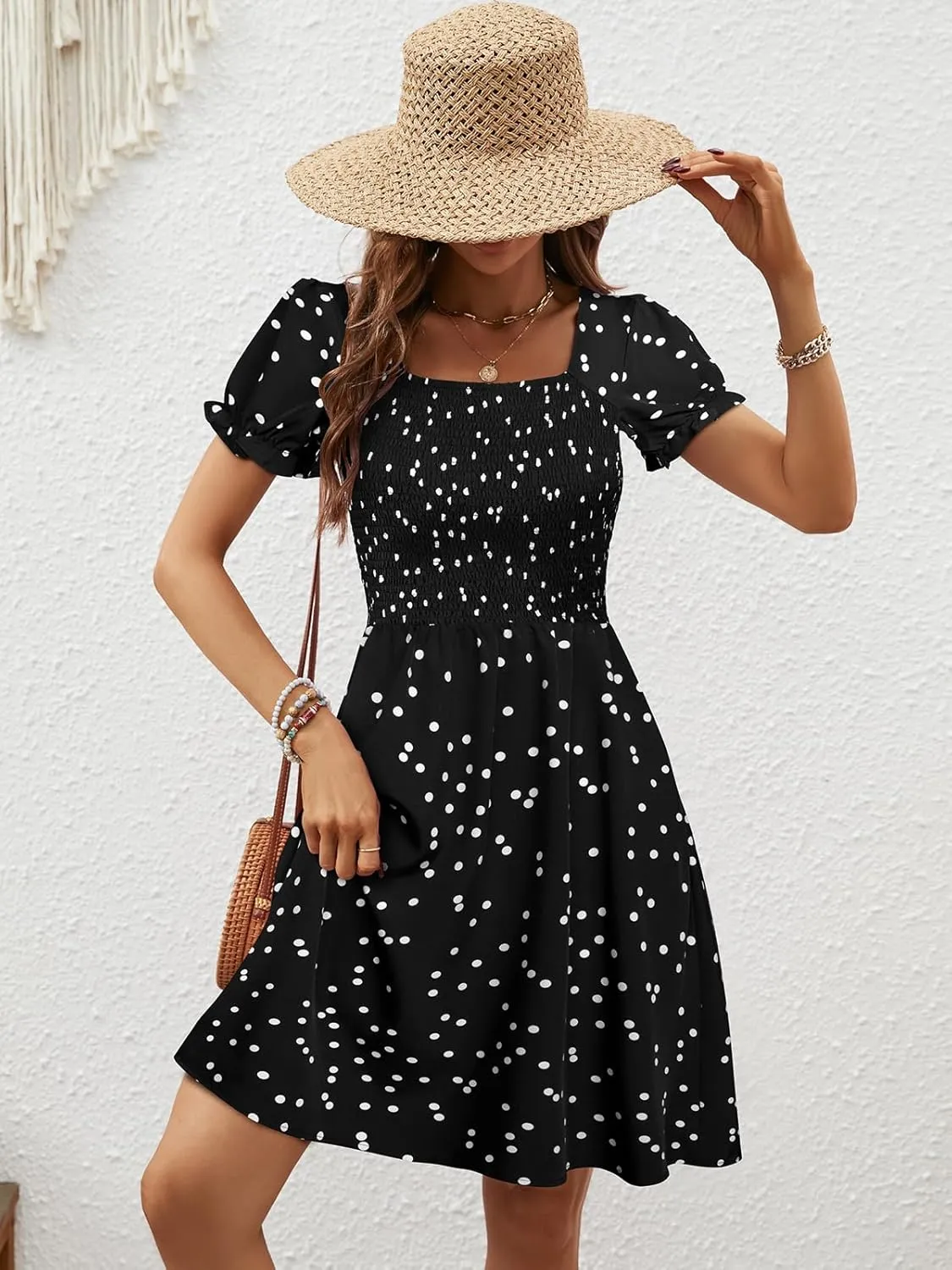 Berydress Women's Summer Dresses 2025 Pockets Short Sleeve Square Neck Flowy A Line Casual Boho Smocked Mini Sun Dress