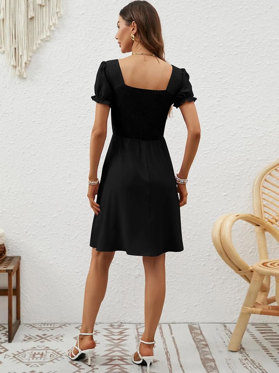 Berydress Women's Summer Dresses 2025 Pockets Short Sleeve Square Neck Flowy A Line Casual Boho Smocked Mini Sun Dress
