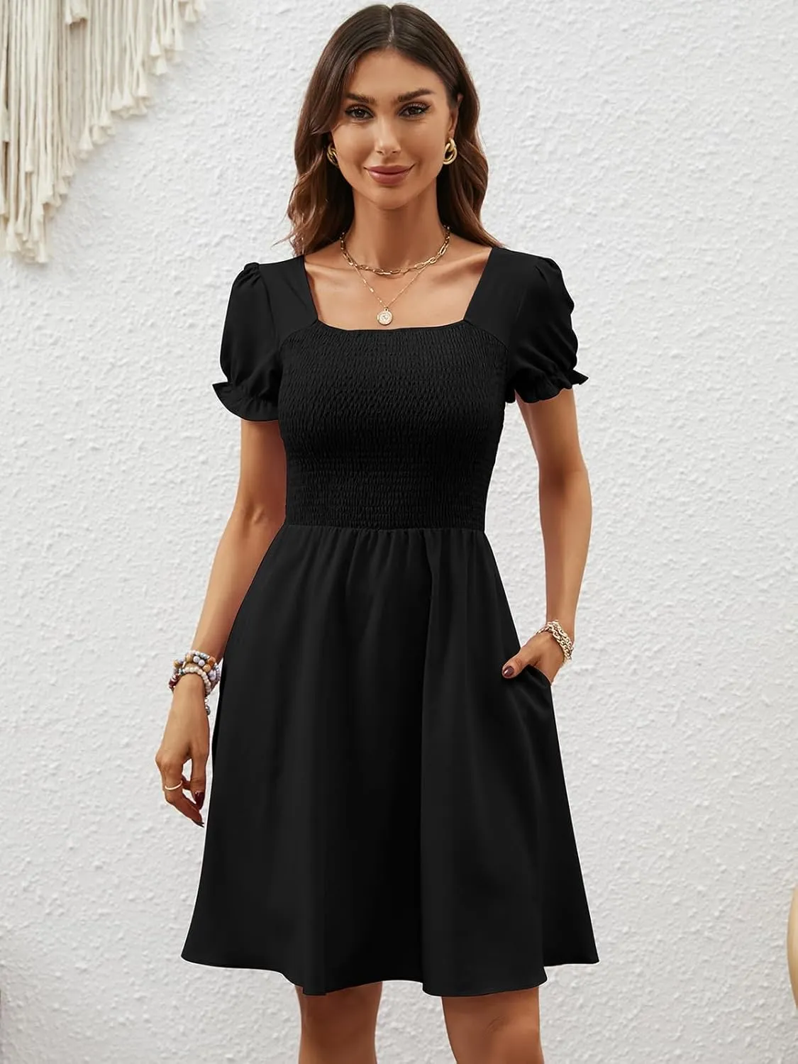 Berydress Women's Summer Dresses 2025 Pockets Short Sleeve Square Neck Flowy A Line Casual Boho Smocked Mini Sun Dress