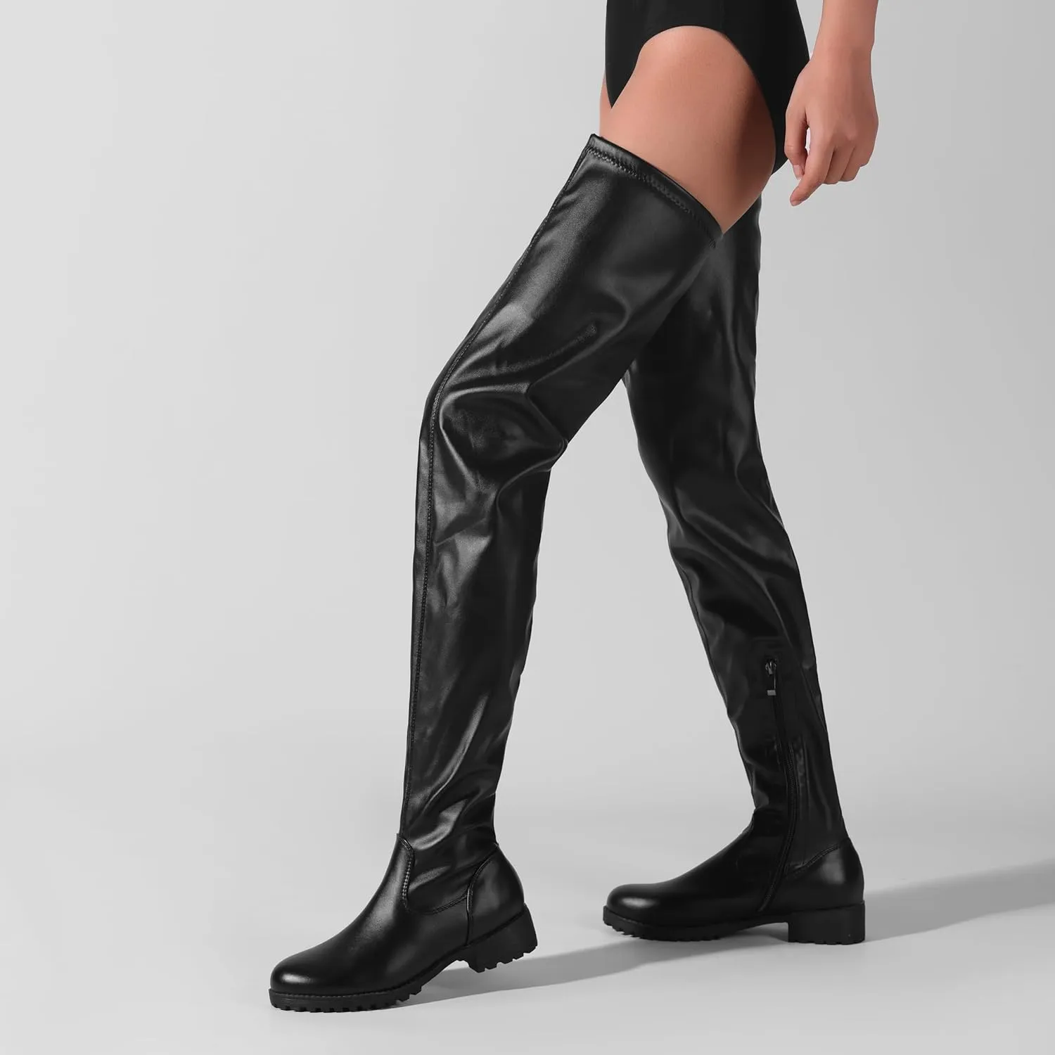Black Thigh High Boots for Women - Trendy Over the Knee High Boots with Inner Zipper Long Calf Fashion Skinny Punk Boot Knight Style for Party Prom