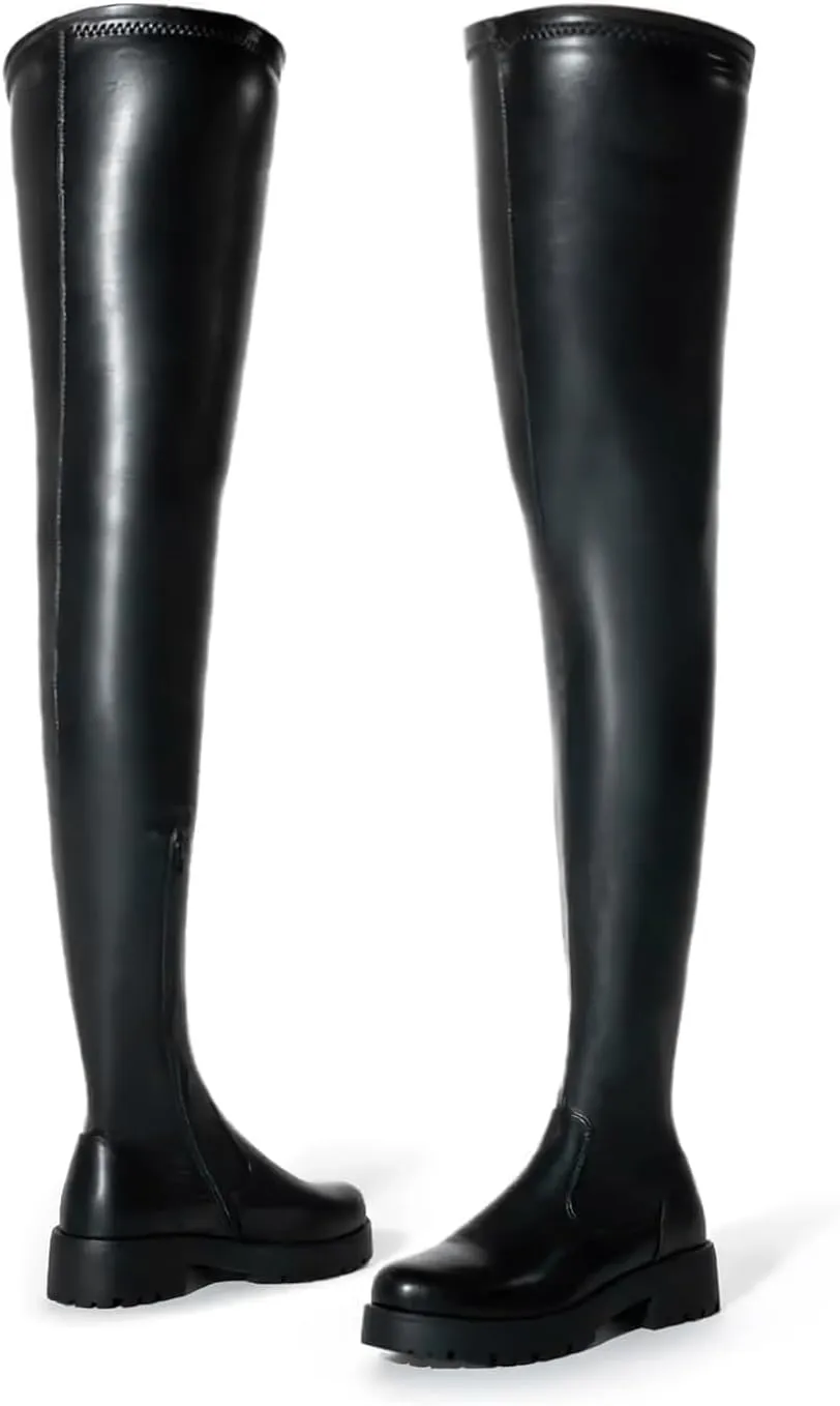 Black Thigh High Boots for Women - Trendy Over the Knee High Boots with Inner Zipper Long Calf Fashion Skinny Punk Boot Knight Style for Party Prom