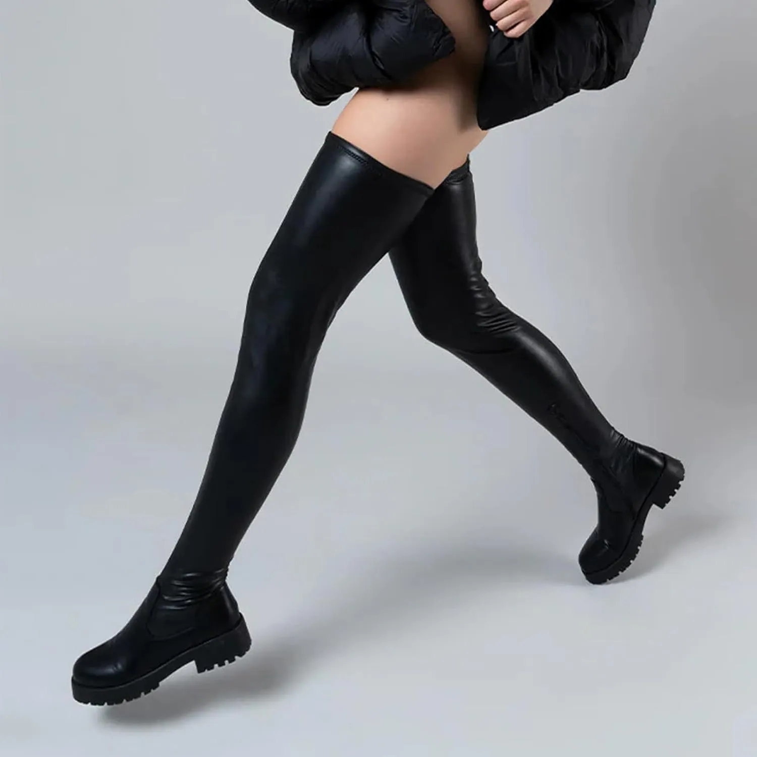 Black Thigh High Boots for Women - Trendy Over the Knee High Boots with Inner Zipper Long Calf Fashion Skinny Punk Boot Knight Style for Party Prom