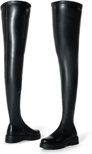 Black Thigh High Boots for Women - Trendy Over the Knee High Boots with Inner Zipper Long Calf Fashion Skinny Punk Boot Knight Style for Party Prom