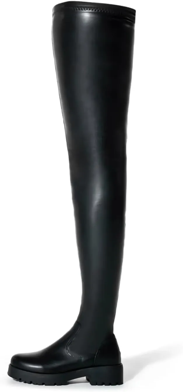 Black Thigh High Boots for Women - Trendy Over the Knee High Boots with Inner Zipper Long Calf Fashion Skinny Punk Boot Knight Style for Party Prom