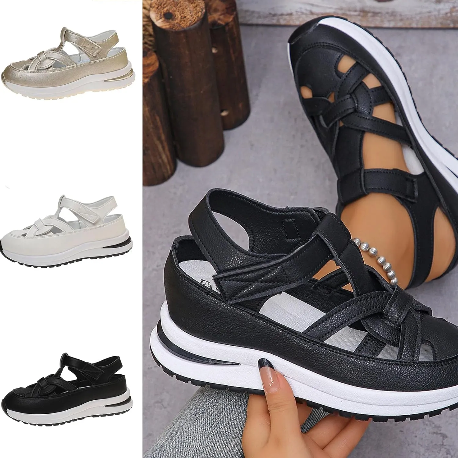 Bomre Shoes, Evontira Women's Platform Hollow-Out Casual Sandals, Closed Toe Platform Sandals Height-Boosting Thick Sole, Summer Casual Outdoor Hook Loop Athletic Shoes