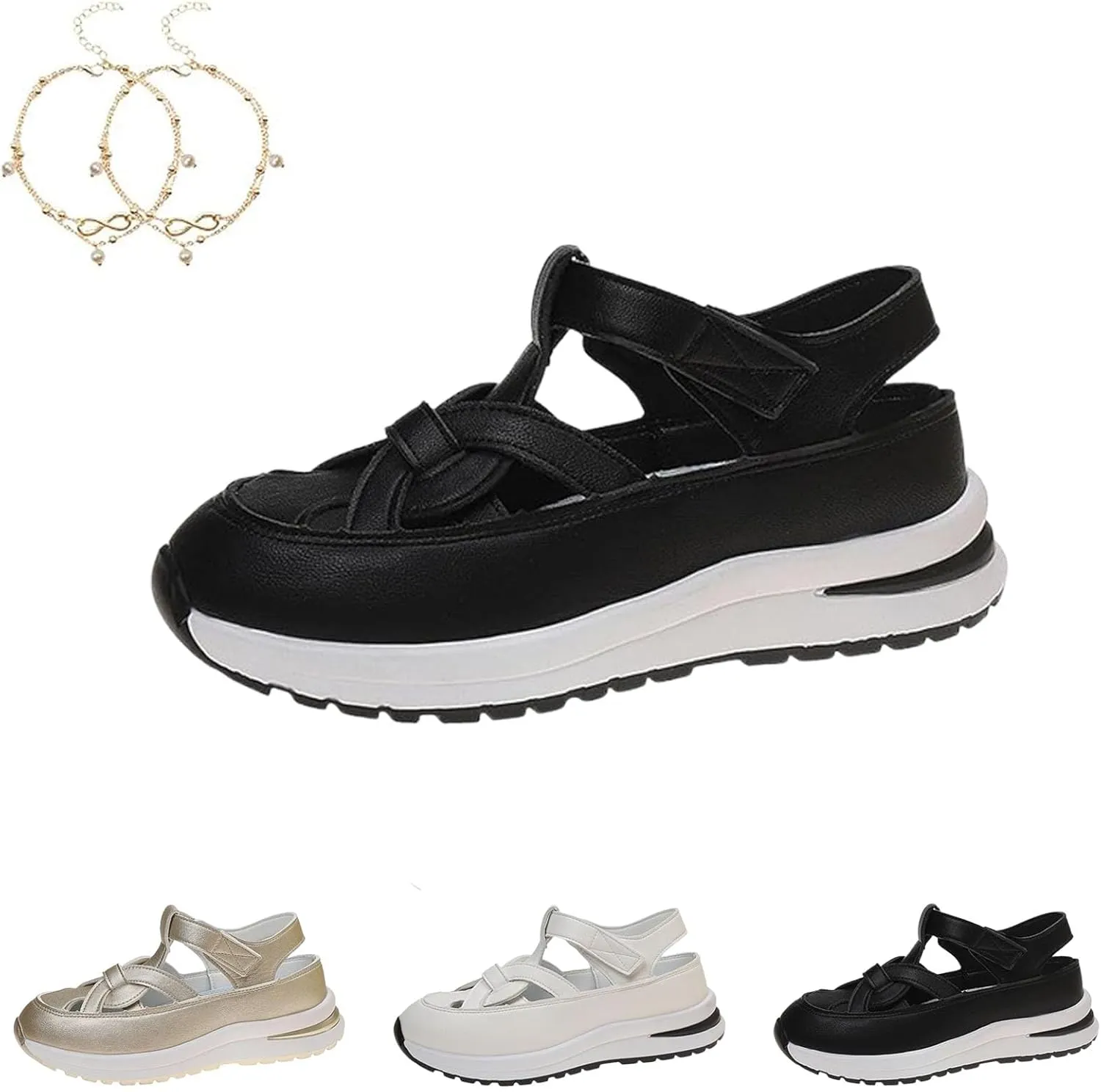 Bomre Shoes, Evontira Women's Platform Hollow-Out Casual Sandals, Closed Toe Platform Sandals Height-Boosting Thick Sole, Summer Casual Outdoor Hook Loop Athletic Shoes