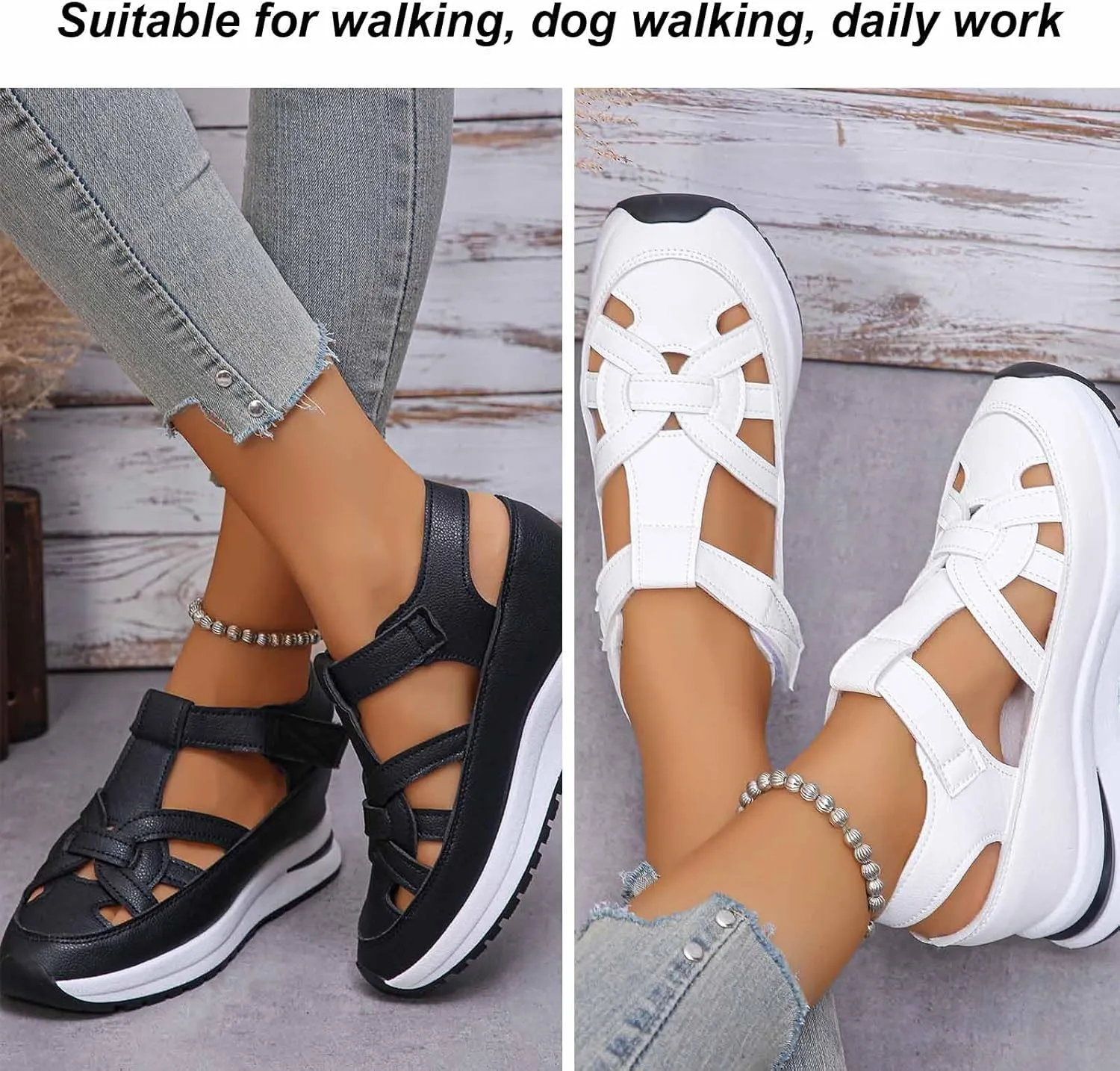 Bomre Shoes, Evontira Women's Platform Hollow-Out Casual Sandals, Closed Toe Platform Sandals Height-Boosting Thick Sole, Summer Casual Outdoor Hook Loop Athletic Shoes