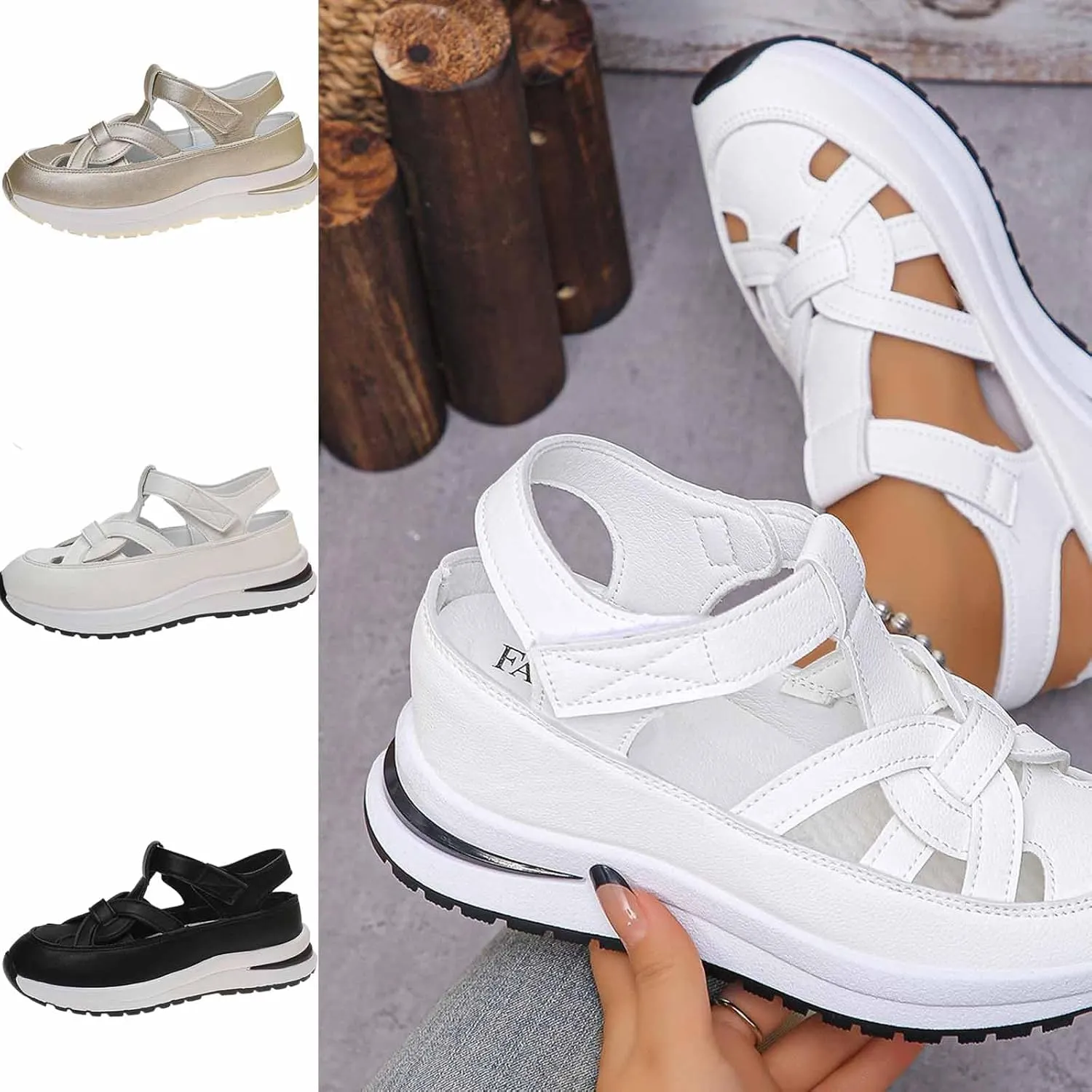 Bomre Shoes, Evontira Women's Platform Hollow-Out Casual Sandals, Closed Toe Platform Sandals Height-Boosting Thick Sole, Summer Casual Outdoor Hook Loop Athletic Shoes
