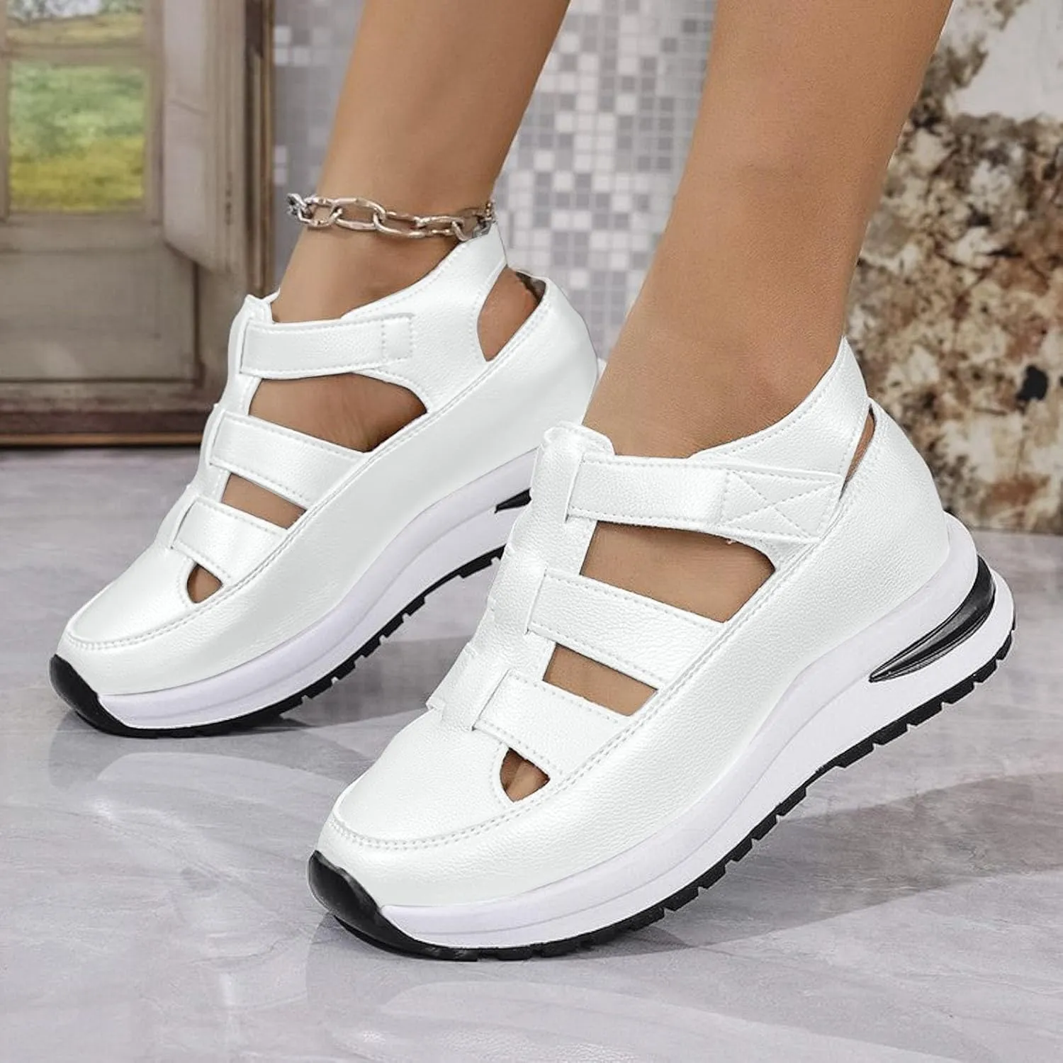 Bootara Women'S Plus Size Hollow-Out Casual Sandals, Closed Toe Platform Sandals Height-Boosting Thick Sole