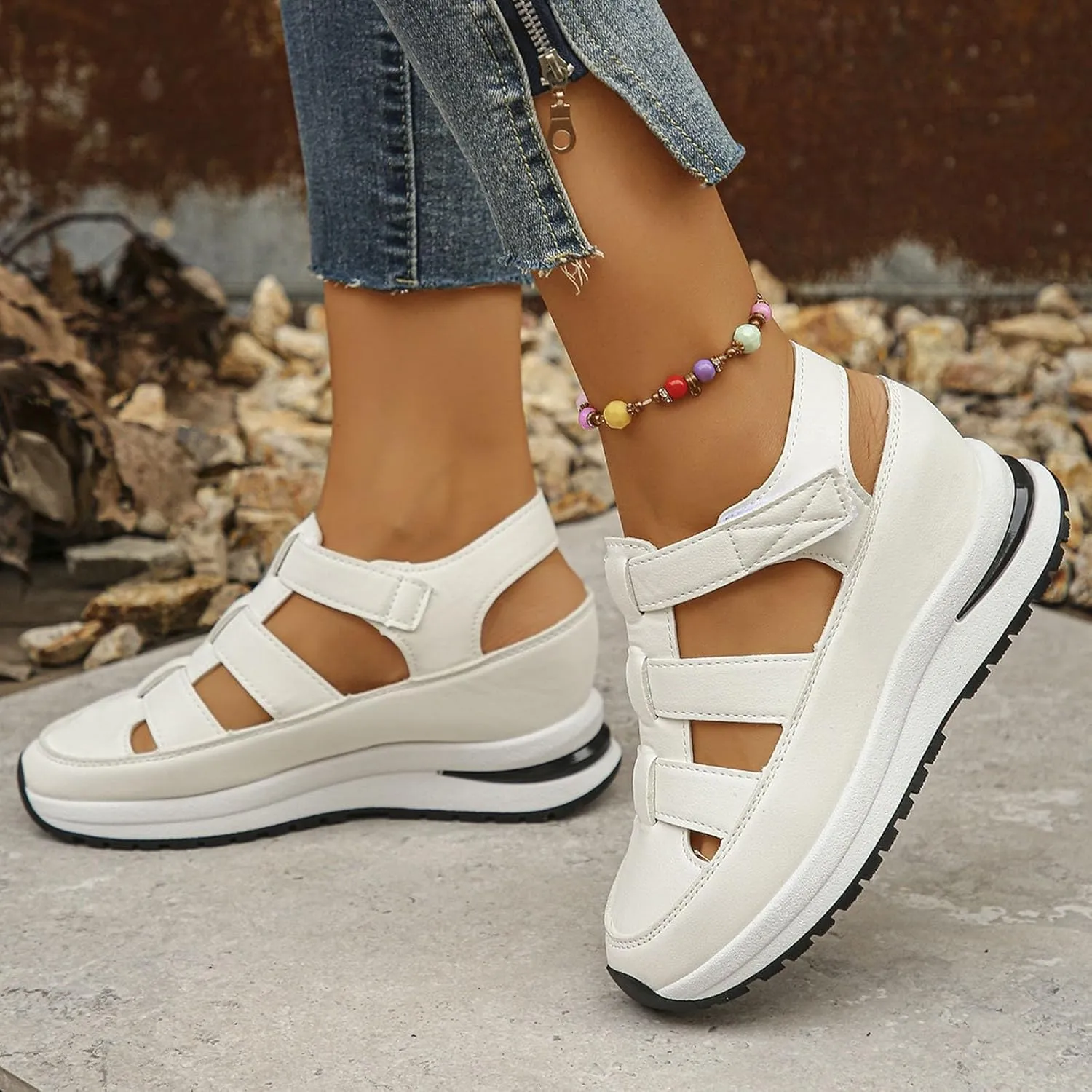 Bootara Women'S Plus Size Hollow-Out Casual Sandals, Closed Toe Platform Sandals Height-Boosting Thick Sole