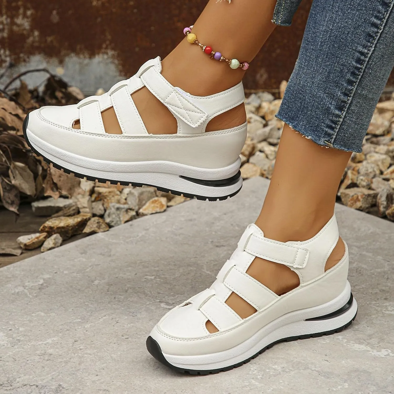 Bootara Women'S Plus Size Hollow-Out Casual Sandals, Closed Toe Platform Sandals Height-Boosting Thick Sole