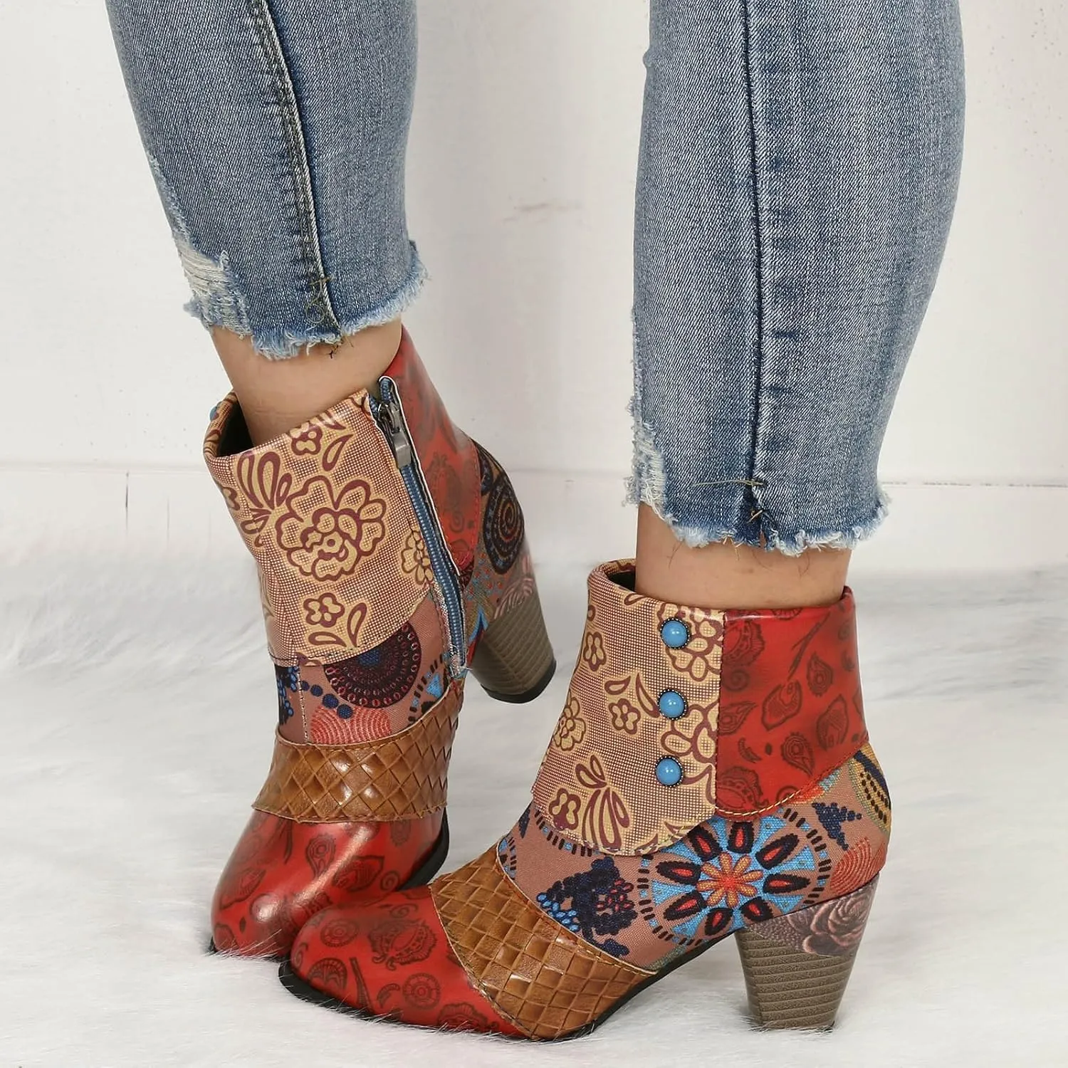 Boots for Women Cowboy Boots Fashion Snake Leather Round Toe Zipper Ankle Booties Trendy Chunky High Heels Dress Short Booties for Ladies