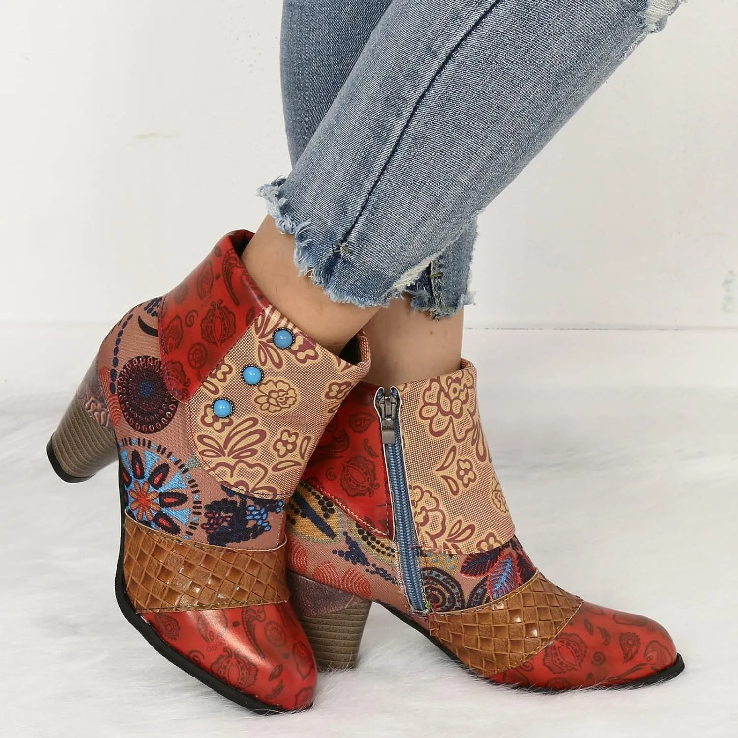 Boots for Women Cowboy Boots Fashion Snake Leather Round Toe Zipper Ankle Booties Trendy Chunky High Heels Dress Short Booties for Ladies