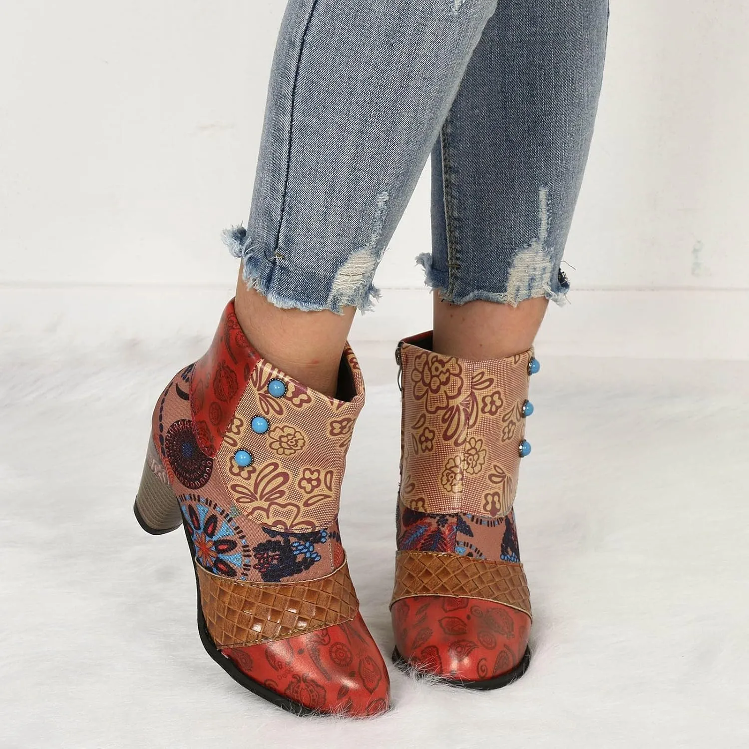 Boots for Women Cowboy Boots Fashion Snake Leather Round Toe Zipper Ankle Booties Trendy Chunky High Heels Dress Short Booties for Ladies