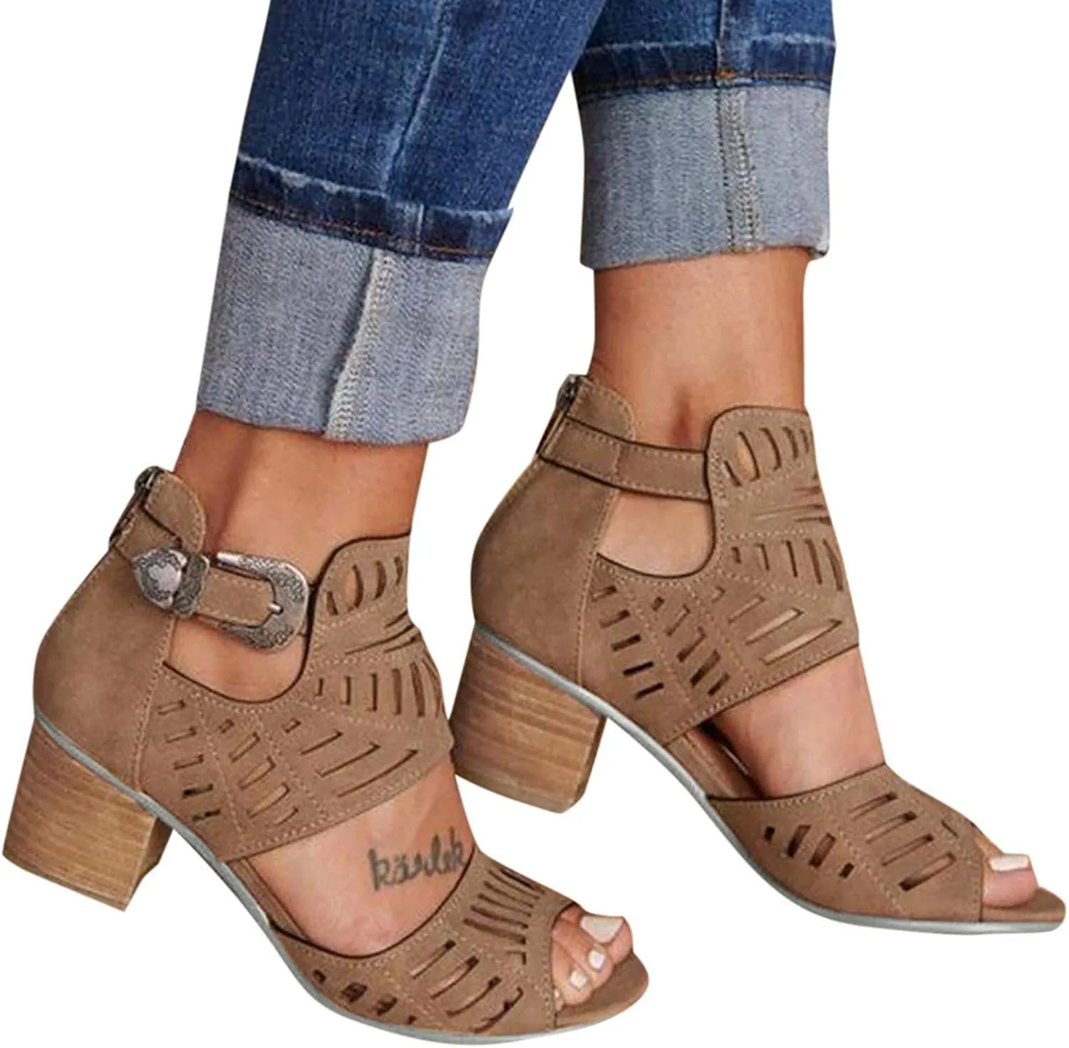 BORAMAX Ladies Ankle Buckle Sandals, Roman Sandals Casual Summer Hollow Open Toe High Chunky Heel Booties Black-10