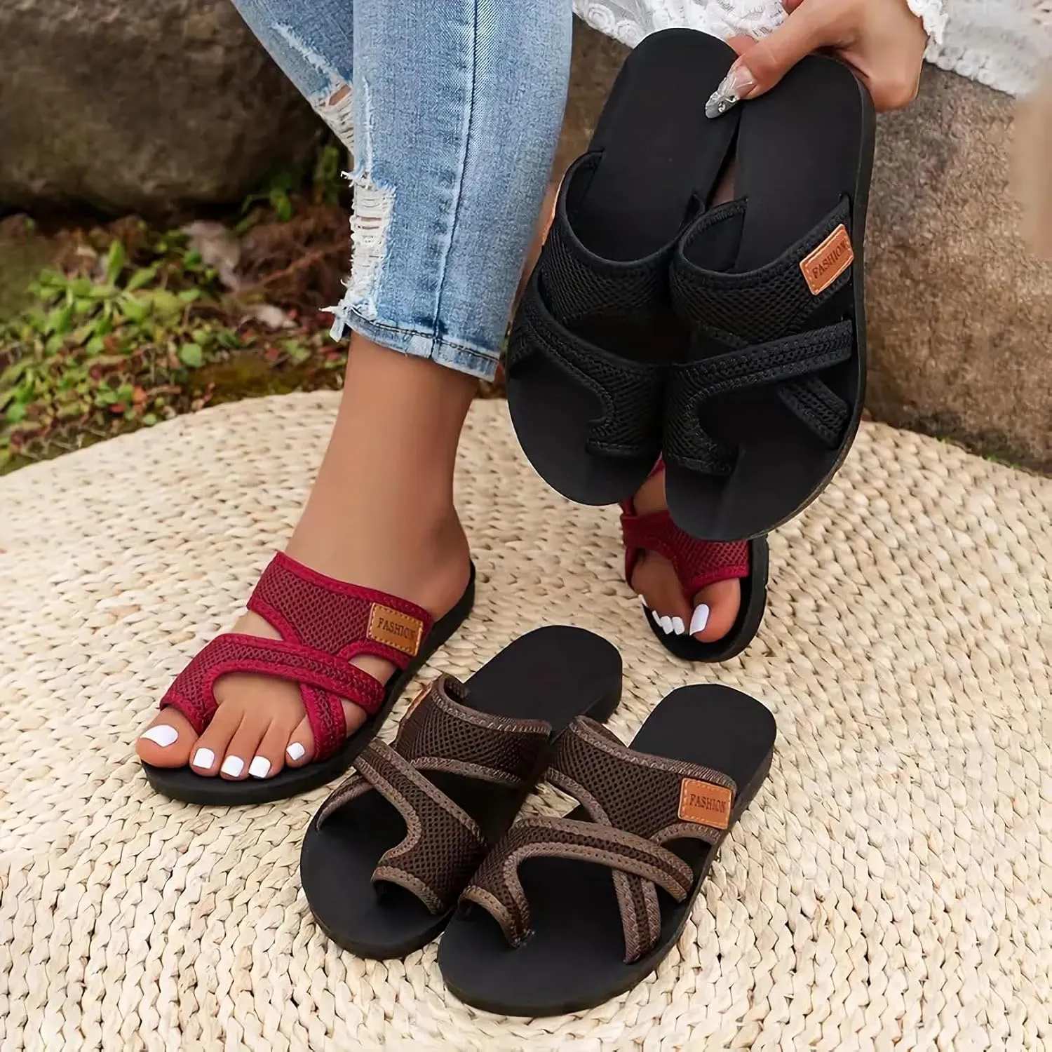 Breathable Mesh Slide Sandals for Women - 2024 New Sandals with Toe Loop Mesh Shoes, Open Toe Sandals for Women, Casual Sandals for Women, Womens Comfortable Walking Summer Slides