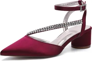 Bridal Shoes Low Heel Rhinestones Satin Strappy Wedding Shoes 4.5CM Pointed Closed Toe Women Party Ankle Strap Sandals Pumps for Prom,Wine red,11