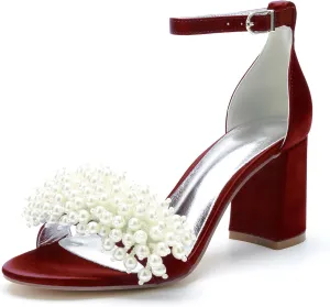 Bridal Shoes Open Toe Wedding High Heels Block Pumps Crystal Bride High Heels Sandals Evening Party Dress 8CM Bridesmaids Ankle Strap,Wine red,11.5