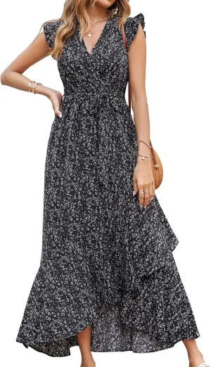 BTFBM Summer Floral Maxi Dress for Women 2025 Vacation Ruffle Sleeve V Neck Belt Wrap Spring Beach Wedding Guest Dresses