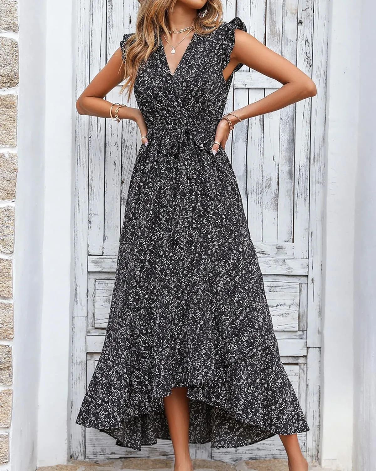 BTFBM Summer Floral Maxi Dress for Women 2025 Vacation Ruffle Sleeve V Neck Belt Wrap Spring Beach Wedding Guest Dresses