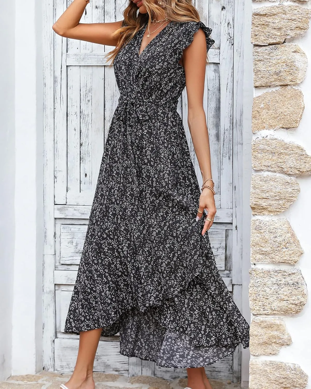 BTFBM Summer Floral Maxi Dress for Women 2025 Vacation Ruffle Sleeve V Neck Belt Wrap Spring Beach Wedding Guest Dresses