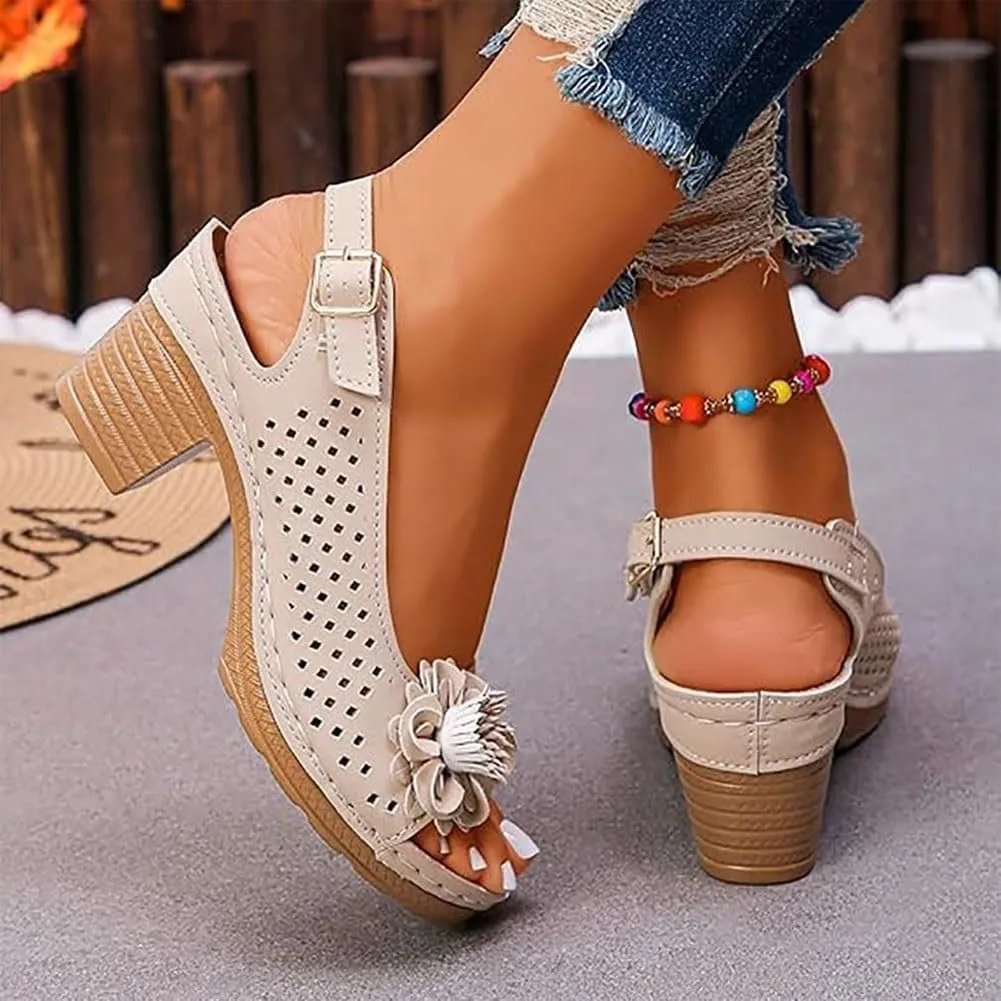 Buckled Square Heel Sandals for Women, Buckled Square Dressy Heel Summer Sandals, Low Slingback Peep Toe Dressy Wedge Shoes