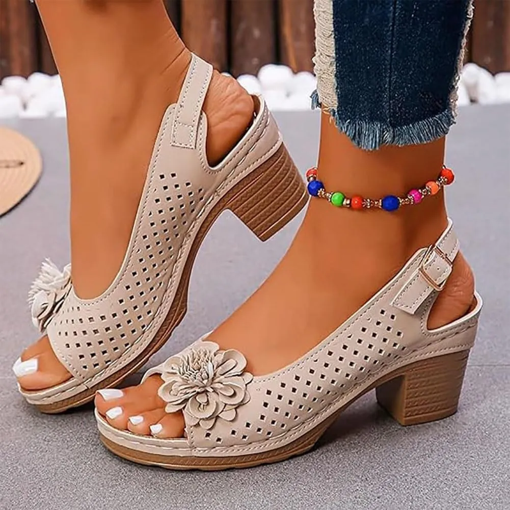 Buckled Square Heel Sandals for Women, Buckled Square Dressy Heel Summer Sandals, Low Slingback Peep Toe Dressy Wedge Shoes