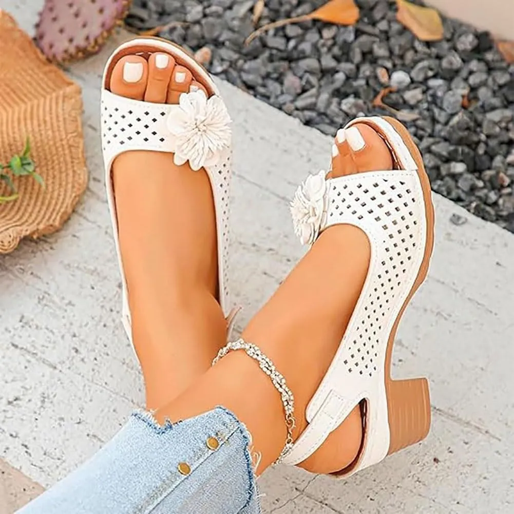 Buckled Square Heel Sandals for Women, Buckled Square Dressy Heel Summer Sandals, Low Slingback Peep Toe Dressy Wedge Shoes