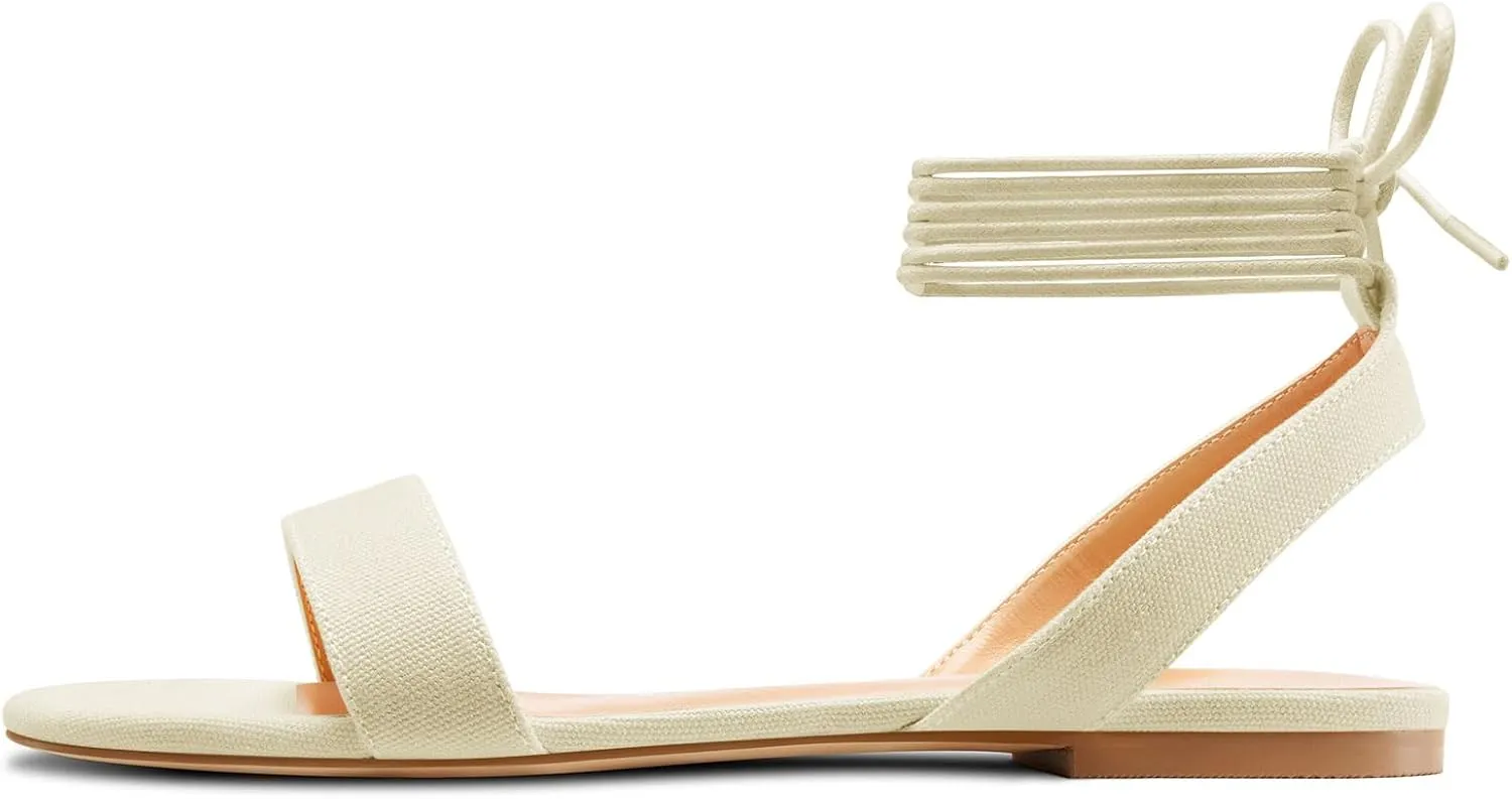 Castamere Womens Low Heel Open Toe Ankle Strap Lace-up Flats Shoes Sandals Casual Basic Classic Denim Summer 0.4 Inches Heels
