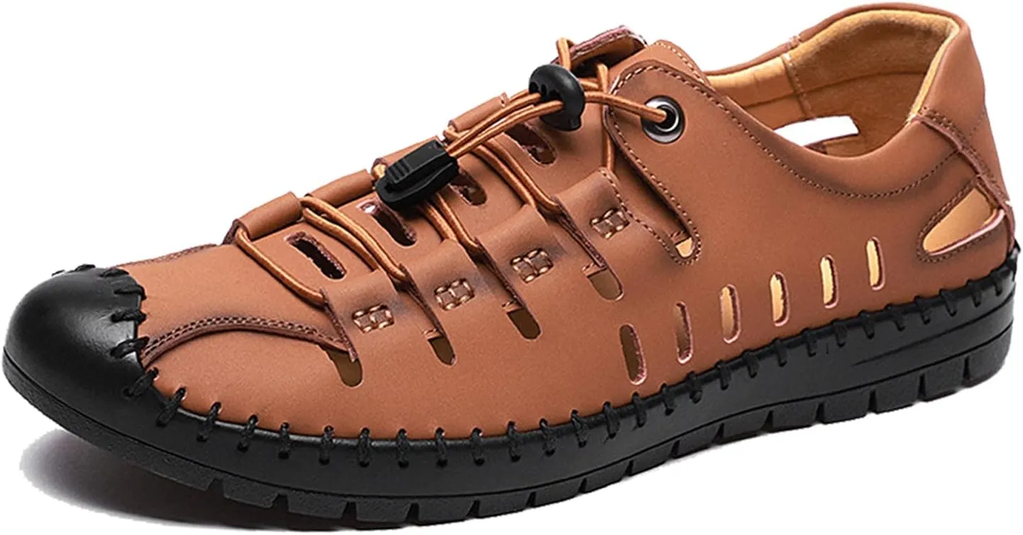 Casual Men's Closed Toe Business Sandals, Lace Up Handmade Hiking Sandals, Fashion Hollow Out Backpacking Beach Shoes