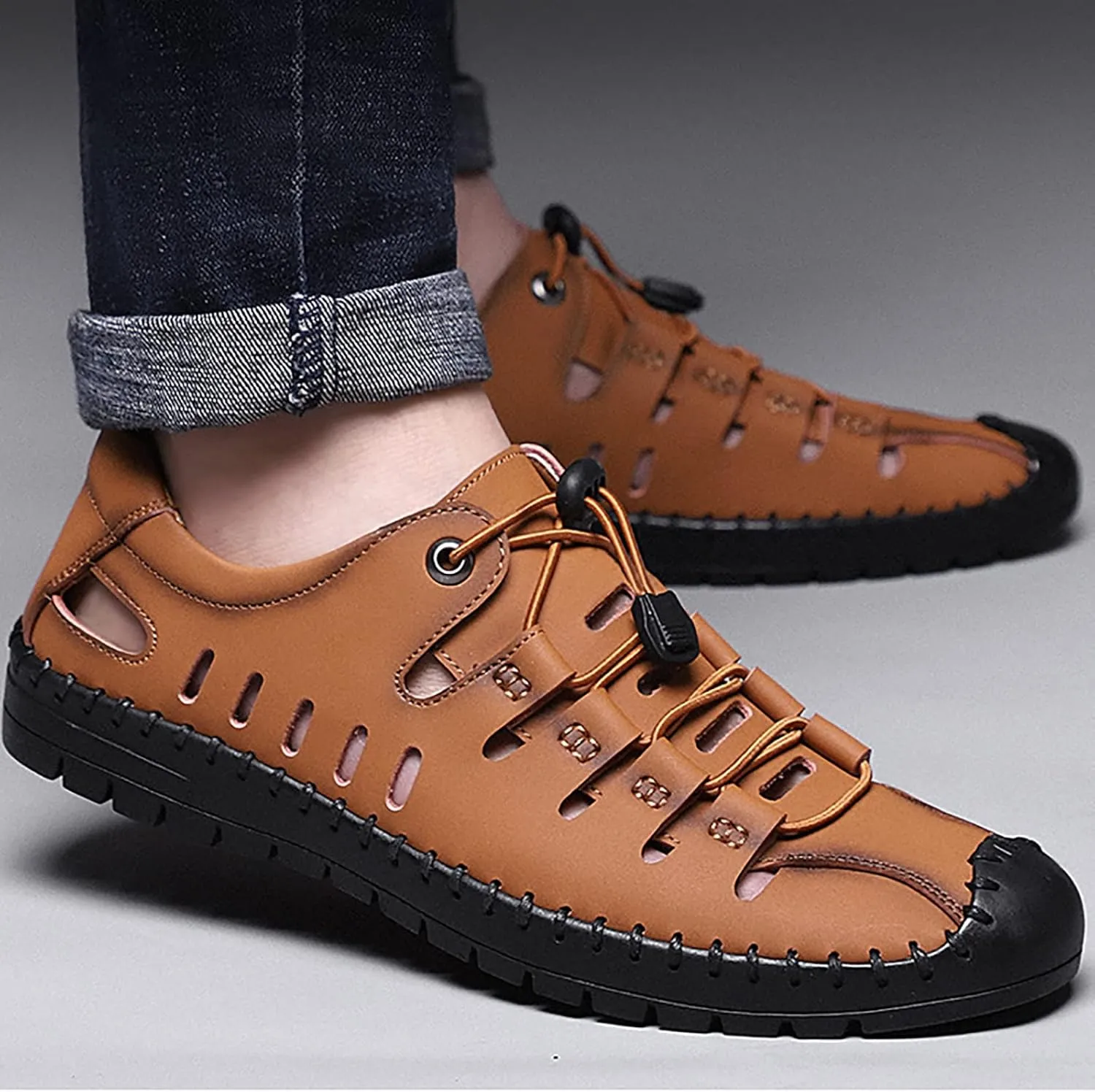 Casual Men's Closed Toe Business Sandals, Lace Up Handmade Hiking Sandals, Fashion Hollow Out Backpacking Beach Shoes