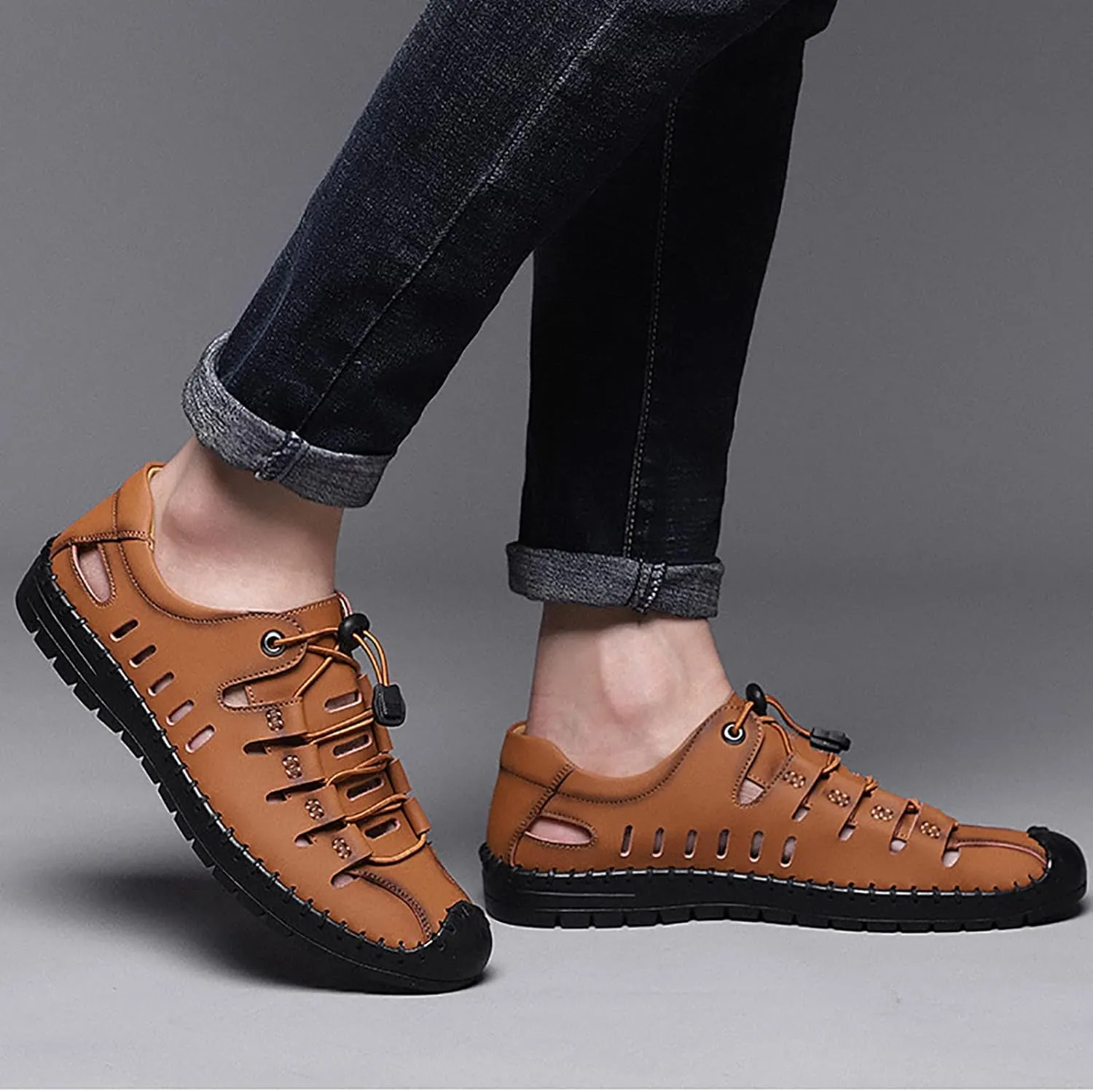 Casual Men's Closed Toe Business Sandals, Lace Up Handmade Hiking Sandals, Fashion Hollow Out Backpacking Beach Shoes
