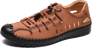 Casual Men's Closed Toe Business Sandals, Lace Up Handmade Hiking Sandals, Fashion Hollow Out Backpacking Beach Shoes
