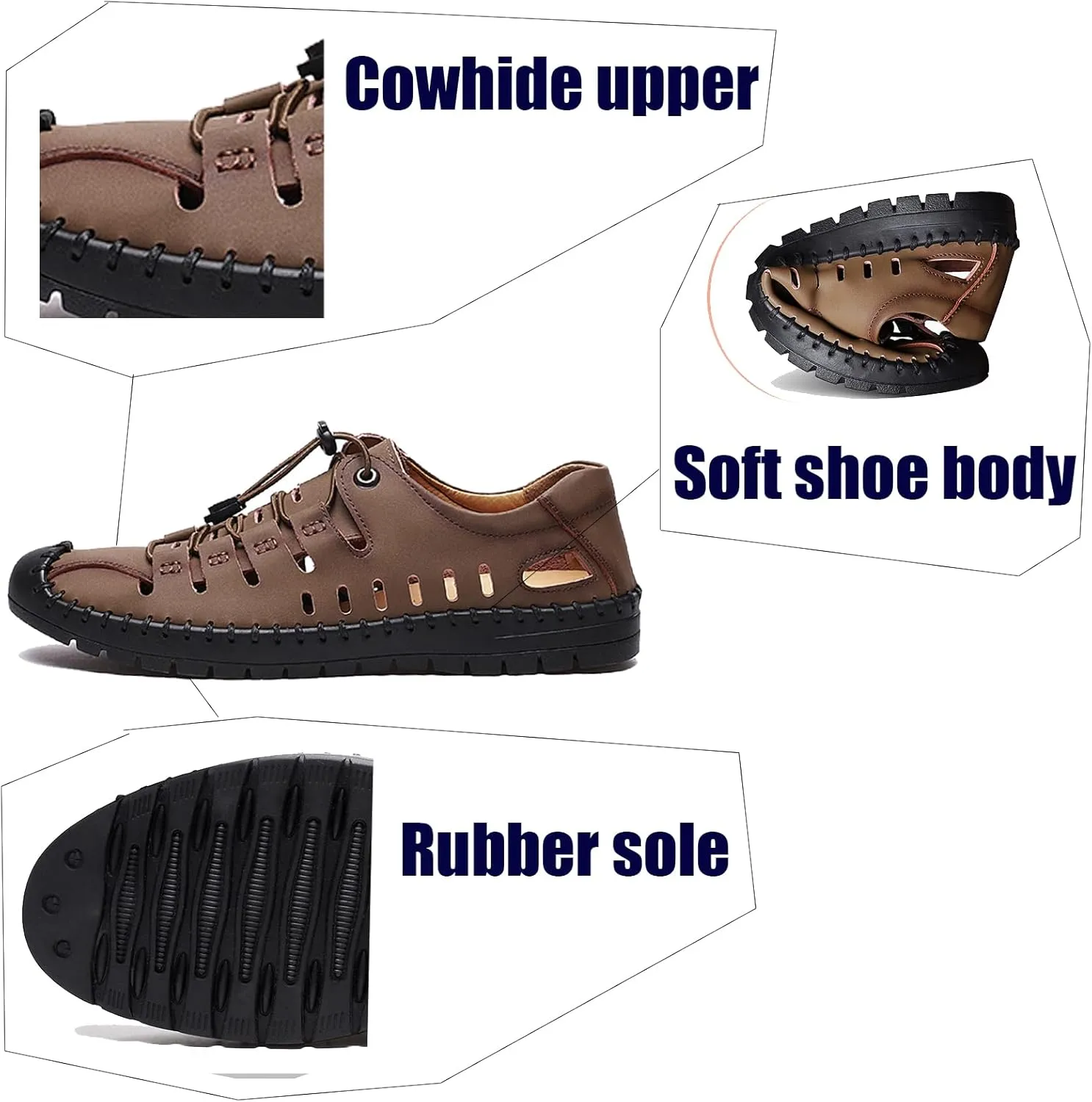 Casual Men's Closed Toe Business Sandals, Lace Up Handmade Hiking Sandals, Fashion Hollow Out Backpacking Beach Shoes
