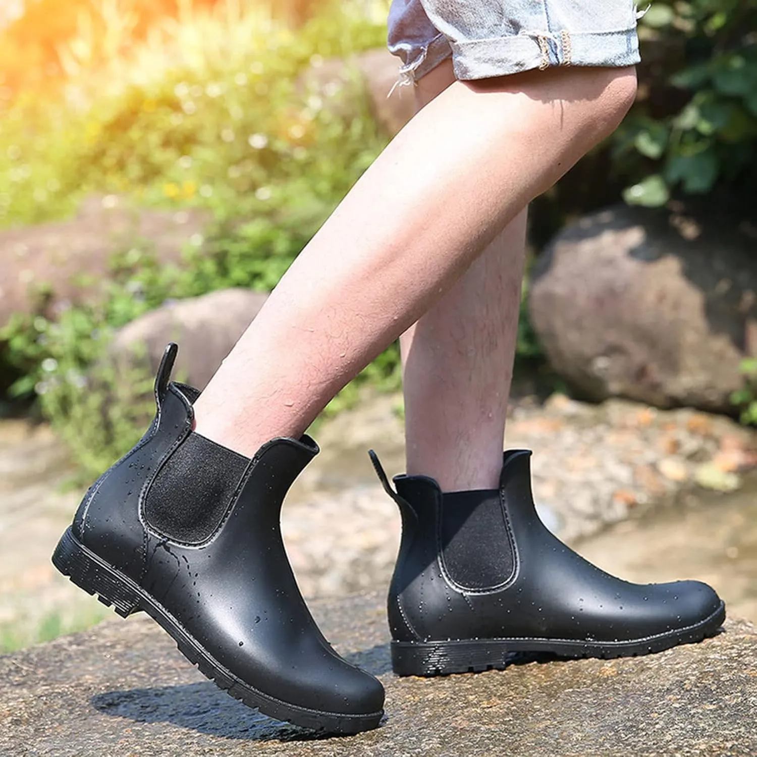Chelsea Boots for Women Waterproof Rain Boots Slip On Flat Heel Chelsea Booties Outdoor Shoes Short Ankle Rainboots for Ladies