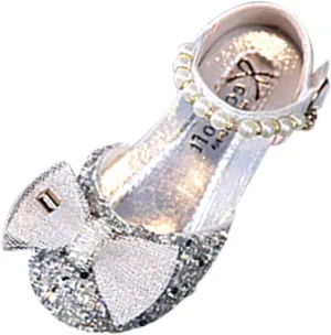 Child and Toddler Baby Girls Shoes Low Heel Bowknot Glitter Rhinestone Shoes Princess Wedding Party (Silver, 3 Big Kids)