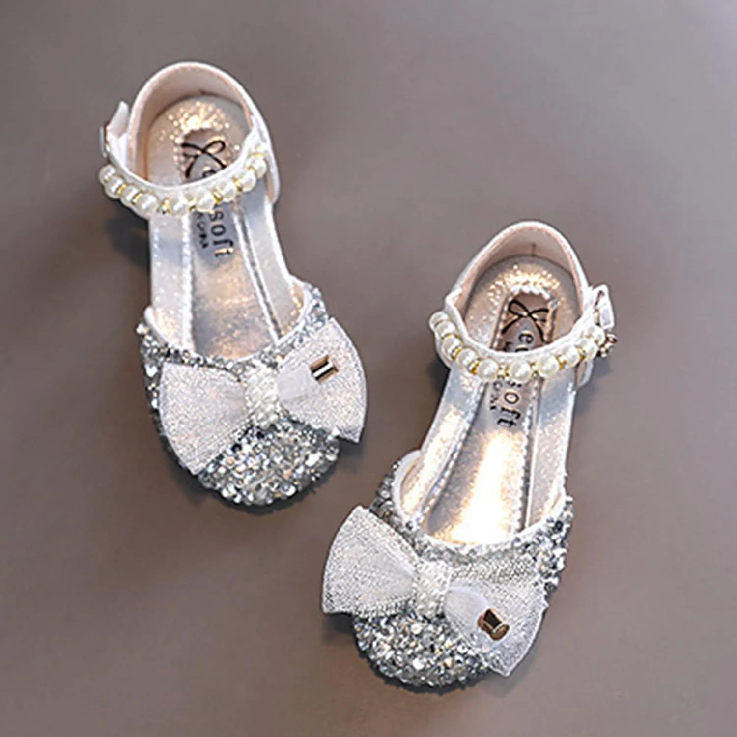 Child and Toddler Baby Girls Shoes Low Heel Bowknot Glitter Rhinestone Shoes Princess Wedding Party (Silver, 3 Big Kids)